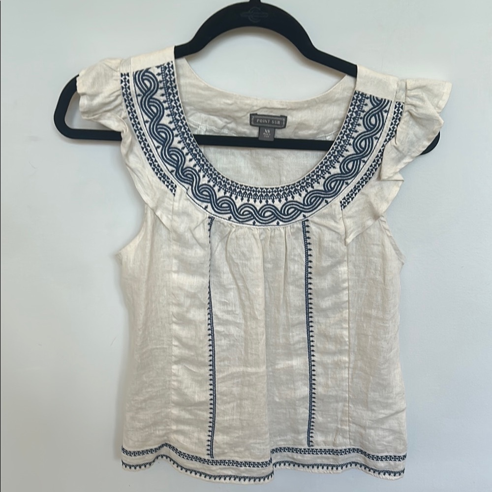 Cream Linen Blouse with Ruffled Cap Sleeves and Blue Embroidery